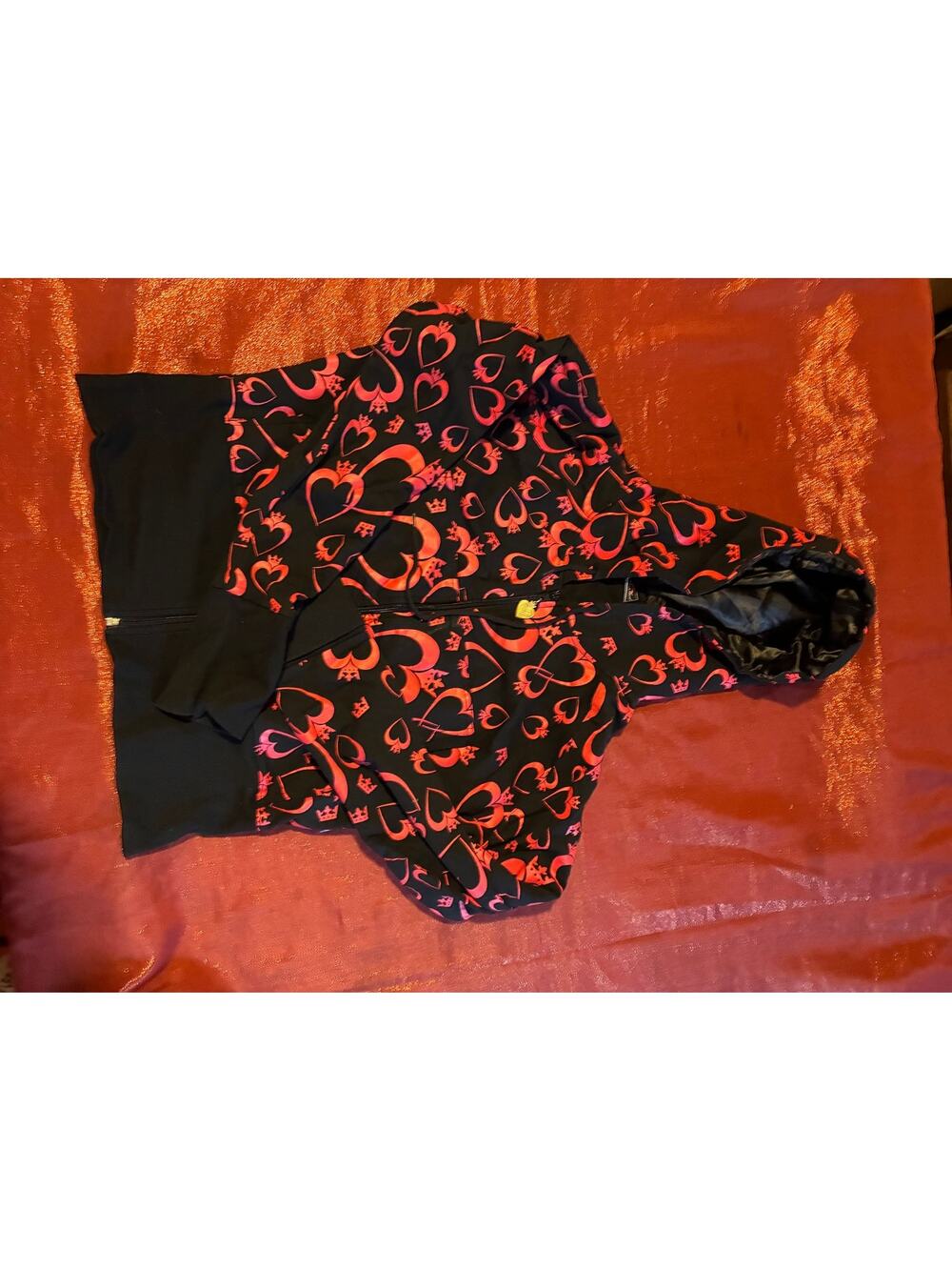 Hoodie Jacket Womens M Black Red Heart Print Zip Front Drawstring Lined Pocket